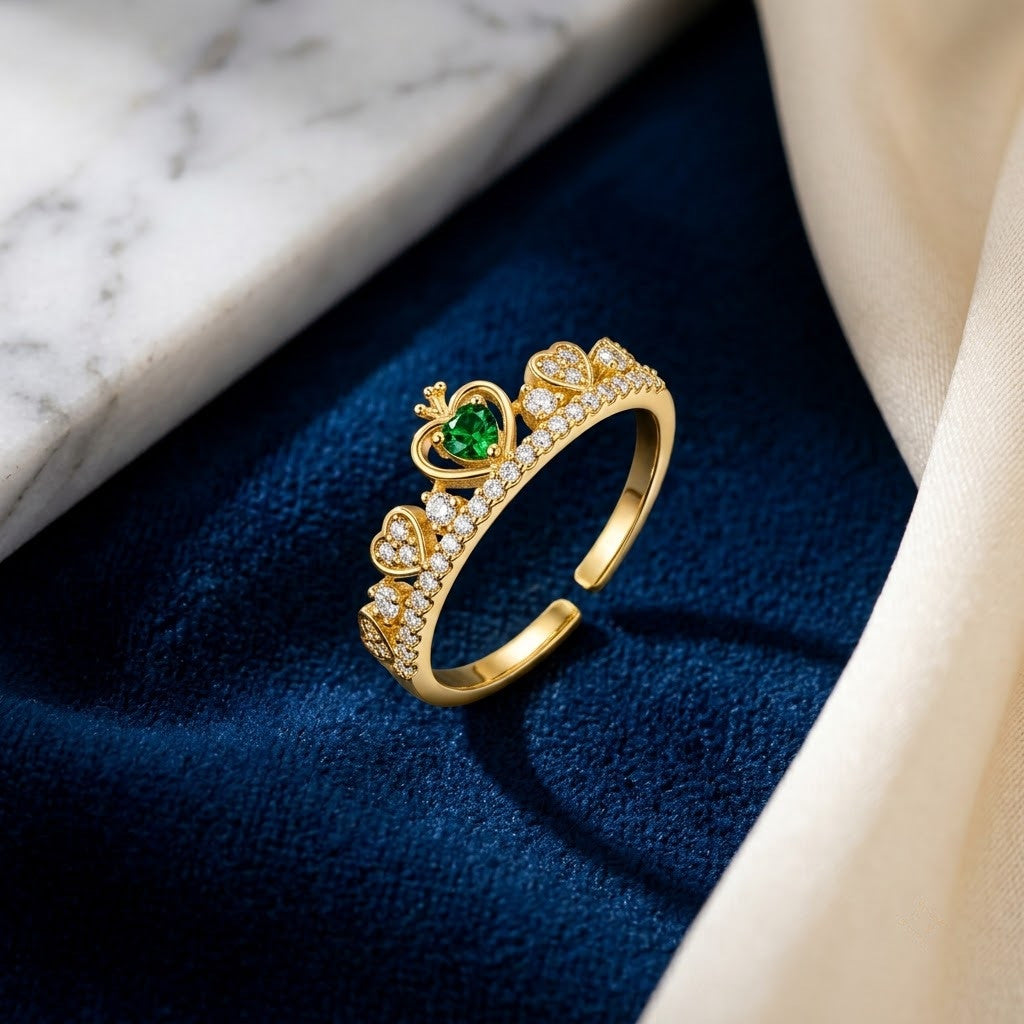 Victorian Filigree Solitaire Emerald Tiara Adjustable Ring - View 1