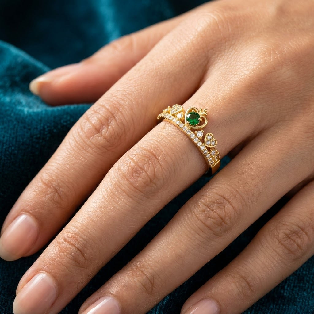 Victorian Filigree Solitaire Emerald Tiara Adjustable Ring - View 5