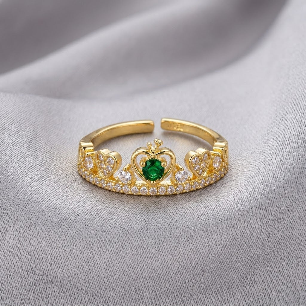 Victorian Filigree Solitaire Emerald Tiara Adjustable Ring - View 7
