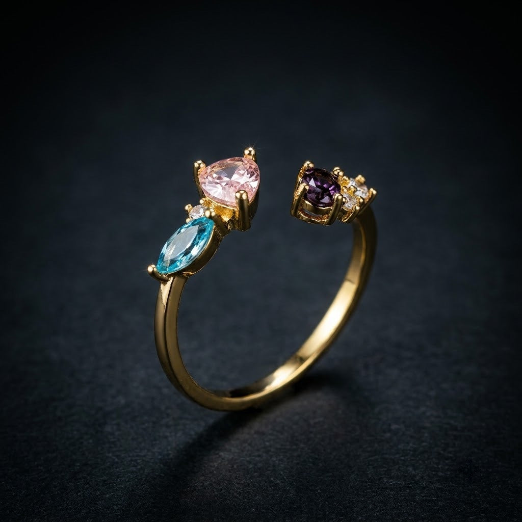 Pastel Pink & Lilac Lavender Dual Teardrop Gemstone Adjustable Ring - View 6