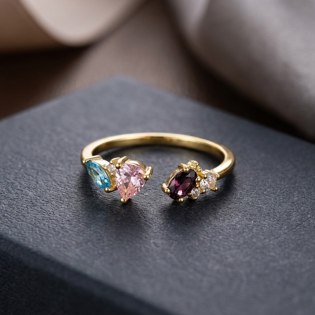 Pastel Pink & Lilac Lavender Dual Teardrop Gemstone Adjustable Ring - View 2
