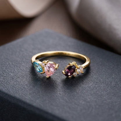 Pastel Pink & Lilac Lavender Dual Teardrop Gemstone Adjustable Ring - View 2