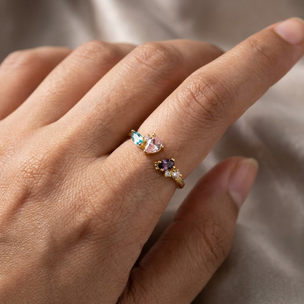 Pastel Pink & Lilac Lavender Dual Teardrop Gemstone Adjustable Ring - View 5