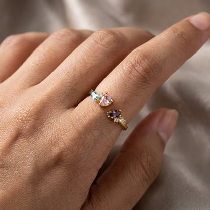 Pastel Pink & Lilac Lavender Dual Teardrop Gemstone Adjustable Ring - View 5