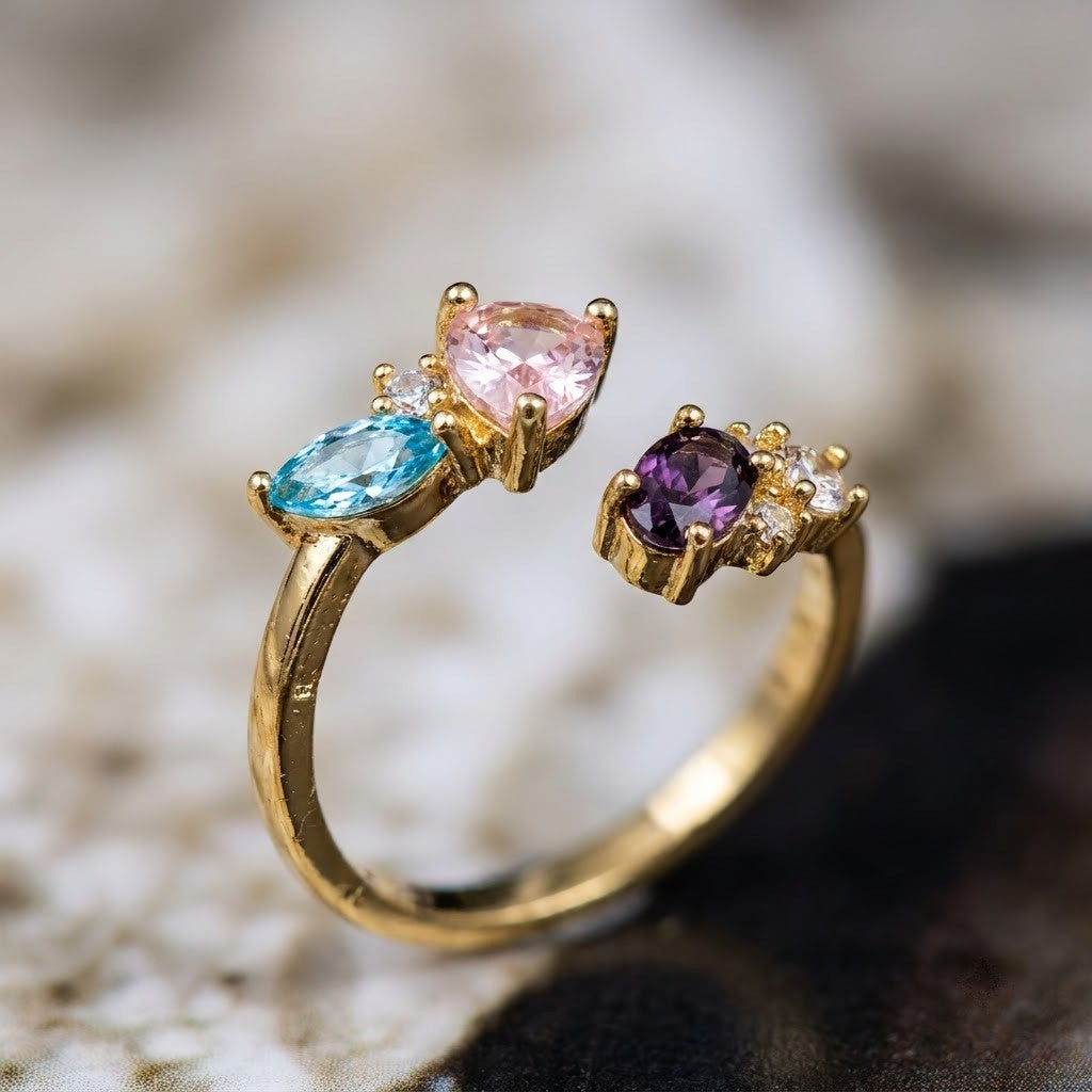 Pastel Pink & Lilac Lavender Dual Teardrop Gemstone Adjustable Ring - View 4