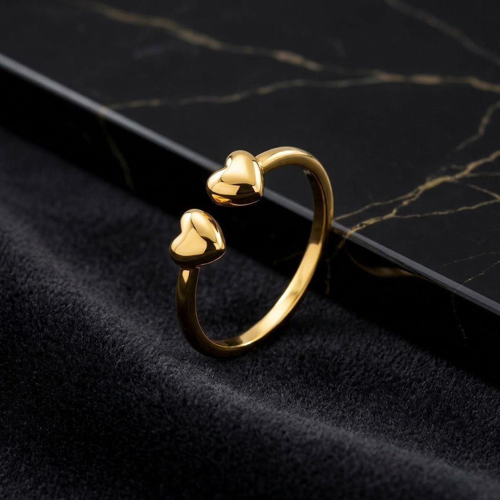 Eternal Love Double Heart Minimalist Bypass Adjustable Ring - View 1