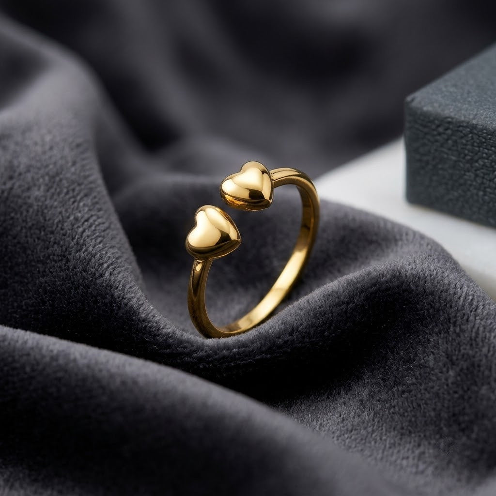 Eternal Love Double Heart Minimalist Bypass Adjustable Ring - View 2