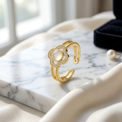 Lucky Four-Leaf Clover Mother of Pearl Halo Adjustable Ring - View 1
