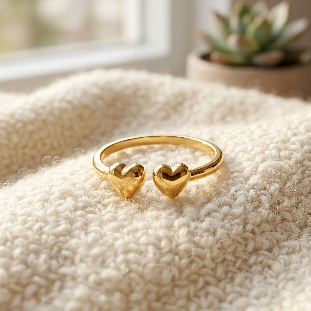 Eternal Love Double Heart Minimalist Bypass Adjustable Ring - View 3