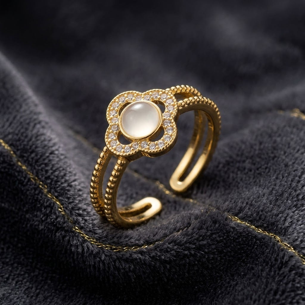 Lucky Four-Leaf Clover Mother of Pearl Halo Adjustable Ring - View 2