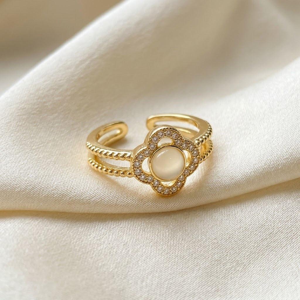 Lucky Four-Leaf Clover Mother of Pearl Halo Adjustable Ring - View 3