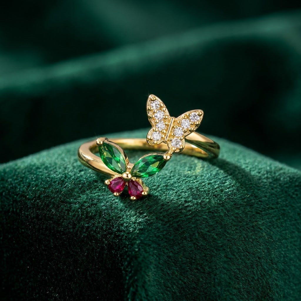 Fluttering Butterfly Emerald Marquise Crystal Statement Adjustable Ring - View 1
