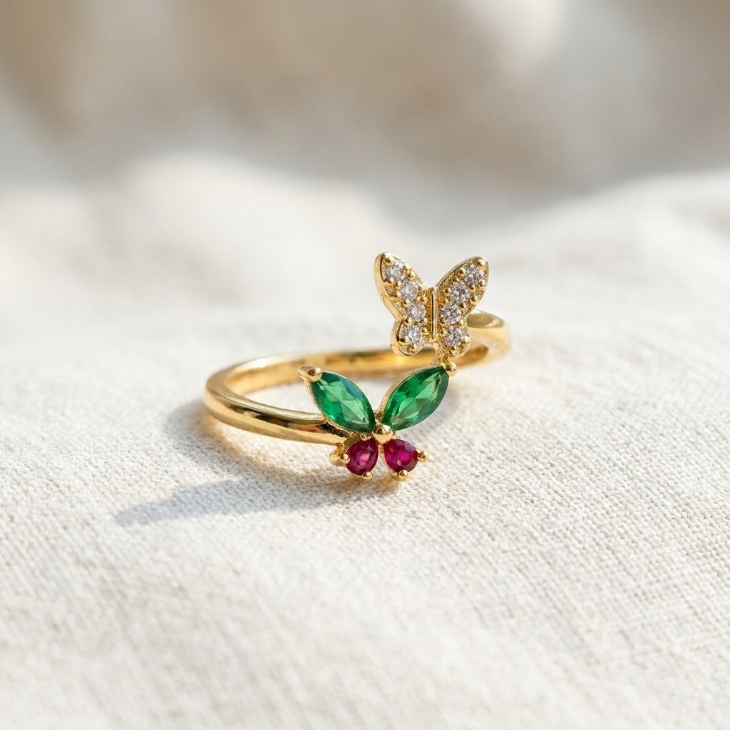 Fluttering Butterfly Emerald Marquise Crystal Statement Adjustable Ring - View 3