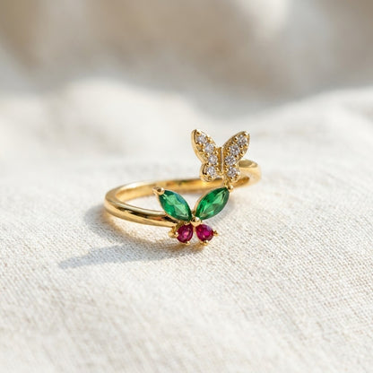 Fluttering Butterfly Emerald Marquise Crystal Statement Adjustable Ring - View 3