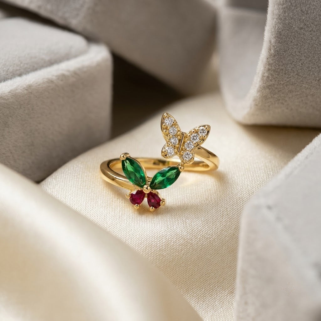 Fluttering Butterfly Emerald Marquise Crystal Statement Adjustable Ring - View 2