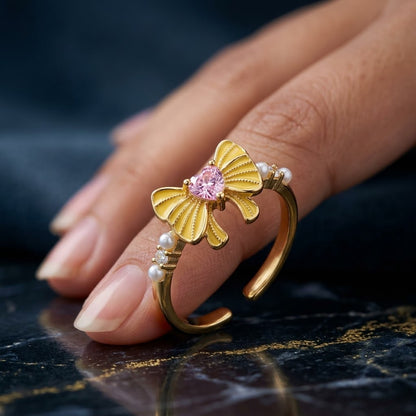 Buttercup Yellow Enamel Bow & Pink Heart Crystal Adjustable Ring - View 2