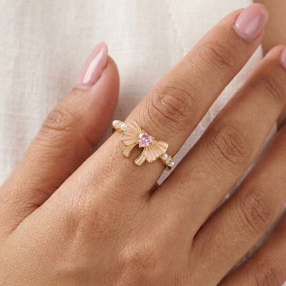 Coquette Pastel Pink Enamel Ribbon Bow Open Cuff Adjustable Ring - View 5