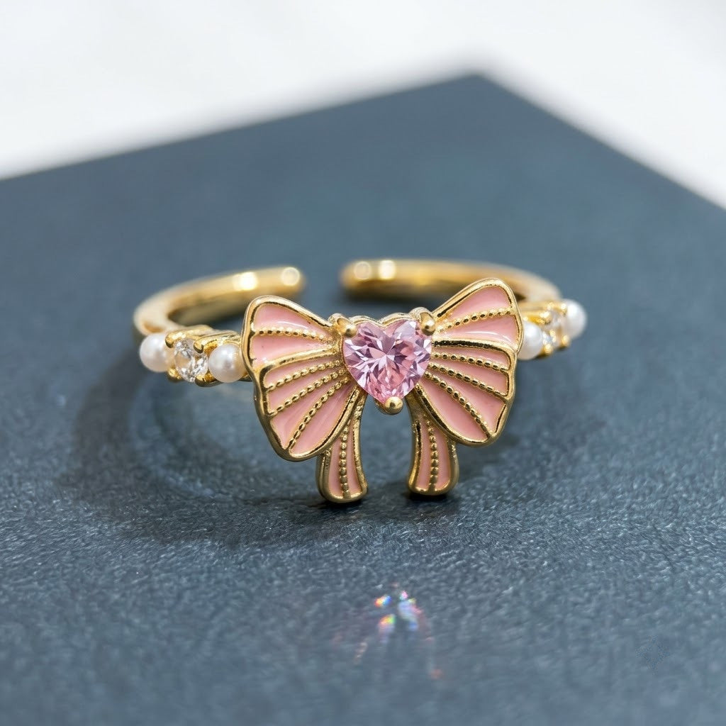 Coquette Pastel Pink Enamel Ribbon Bow Open Cuff Adjustable Ring - View 4