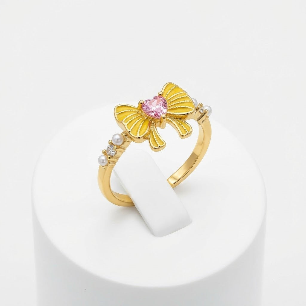 Buttercup Yellow Enamel Bow & Pink Heart Crystal Adjustable Ring - View 7