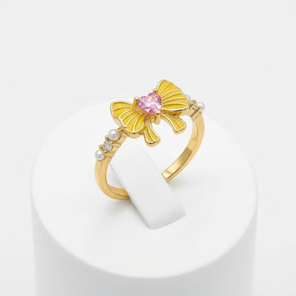 Buttercup Yellow Enamel Bow & Pink Heart Crystal Adjustable Ring - View 7
