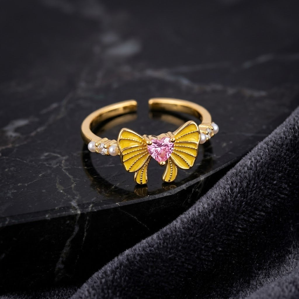 Buttercup Yellow Enamel Bow & Pink Heart Crystal Adjustable Ring - View 1