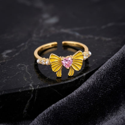 Buttercup Yellow Enamel Bow & Pink Heart Crystal Adjustable Ring - View 1