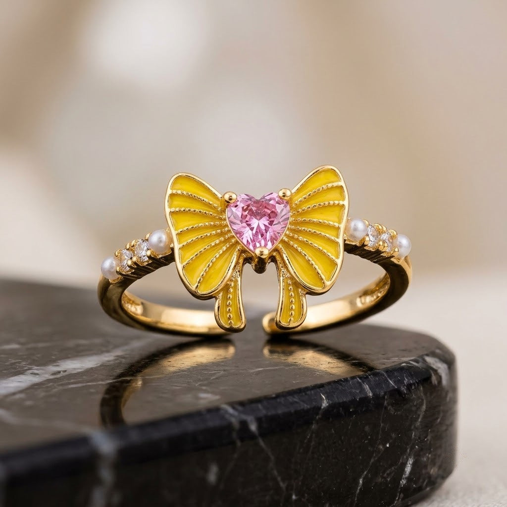 Buttercup Yellow Enamel Bow & Pink Heart Crystal Adjustable Ring - View 4