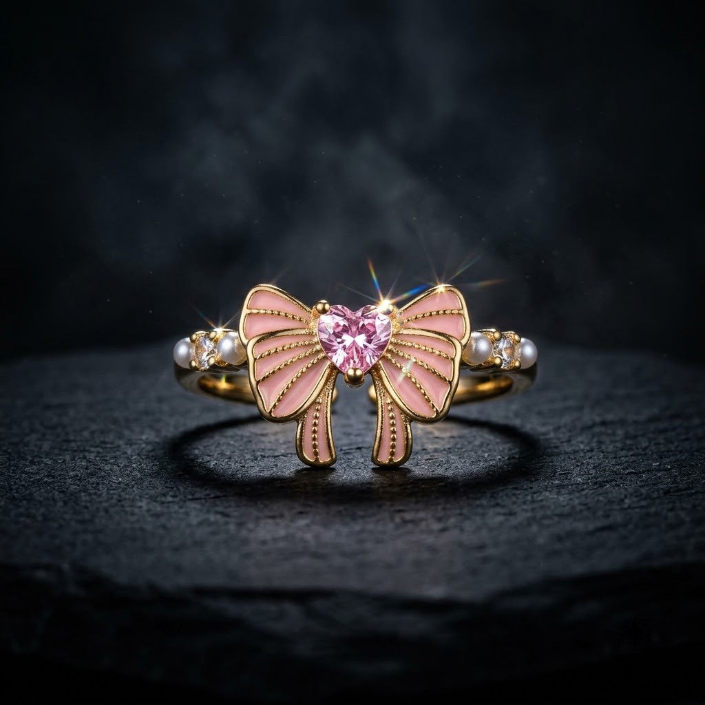Coquette Pastel Pink Enamel Ribbon Bow Open Cuff Adjustable Ring - View 6