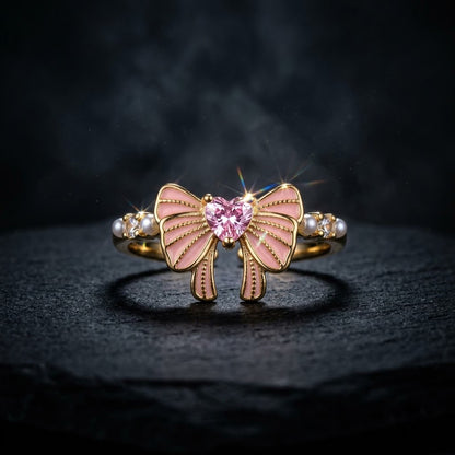 Coquette Pastel Pink Enamel Ribbon Bow Open Cuff Adjustable Ring - View 6