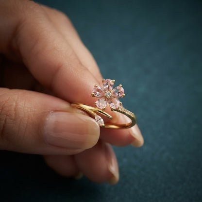 Sakura Cherry Blossom Pink Enamel Branch Adjustable Ring - View 2