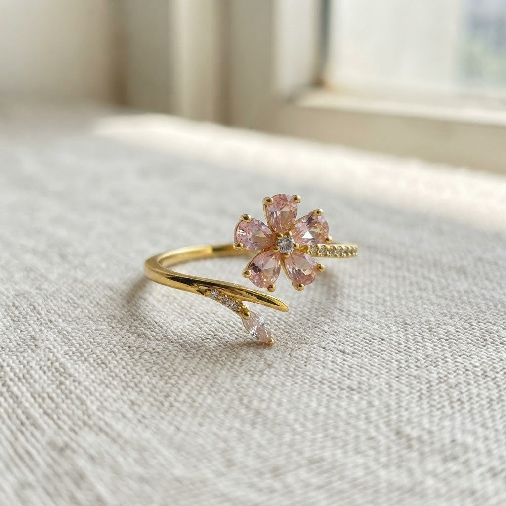 Sakura Cherry Blossom Pink Enamel Branch Adjustable Ring - View 3