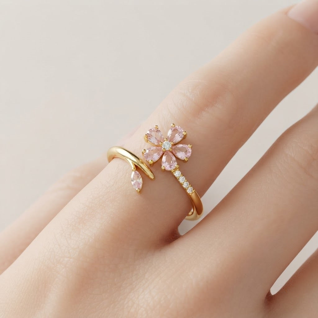 Sakura Cherry Blossom Pink Enamel Branch Adjustable Ring - View 5