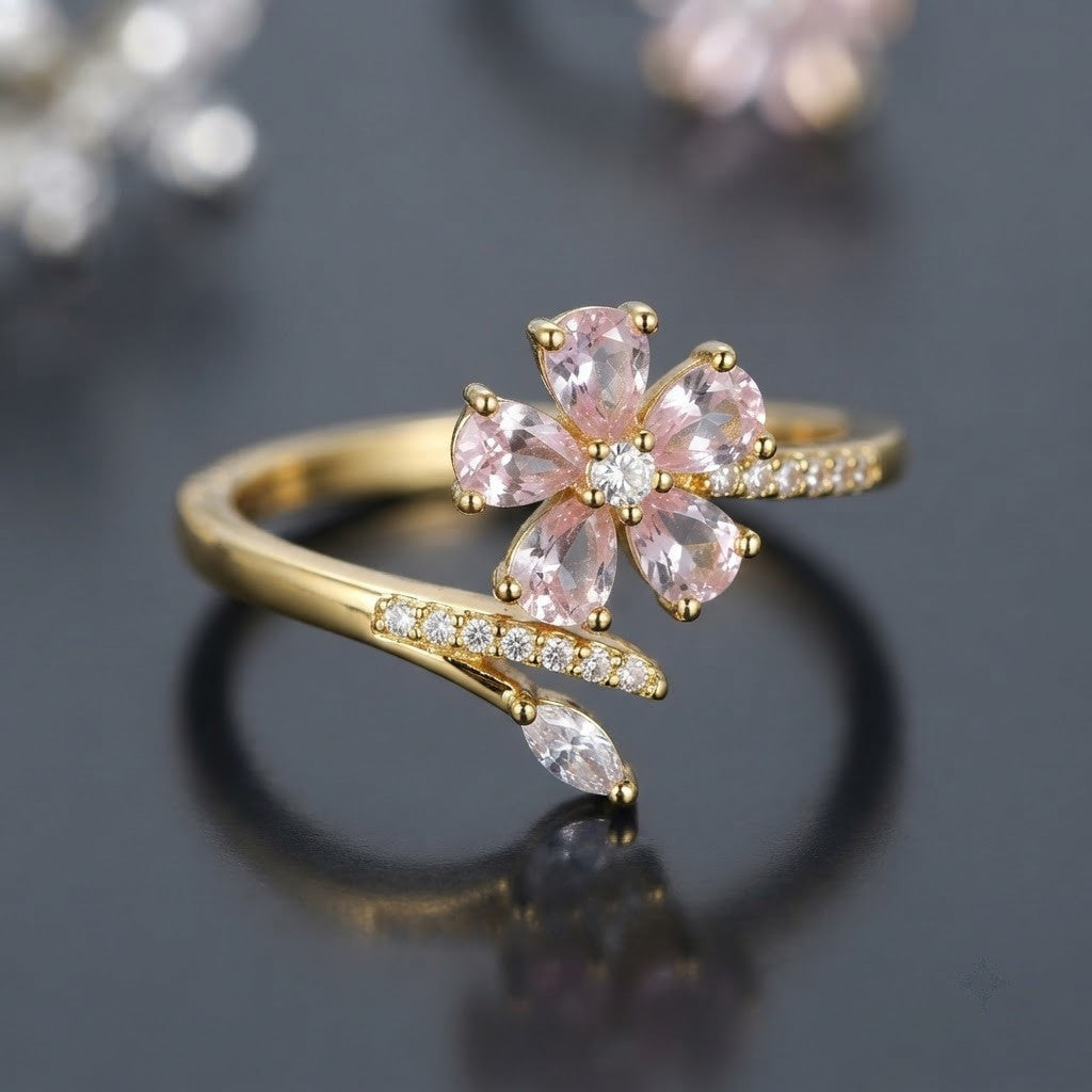Sakura Cherry Blossom Pink Enamel Branch Adjustable Ring - View 4