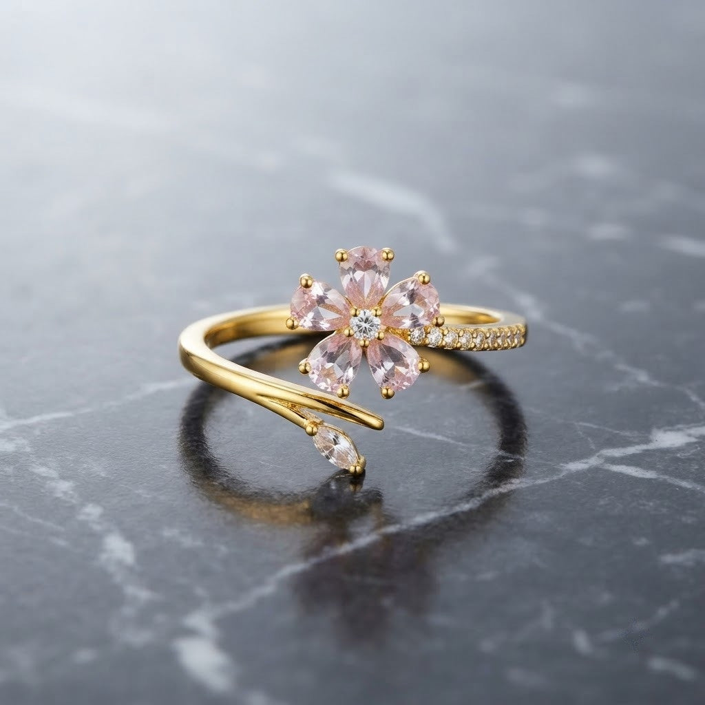 Sakura Cherry Blossom Pink Enamel Branch Adjustable Ring - View 1