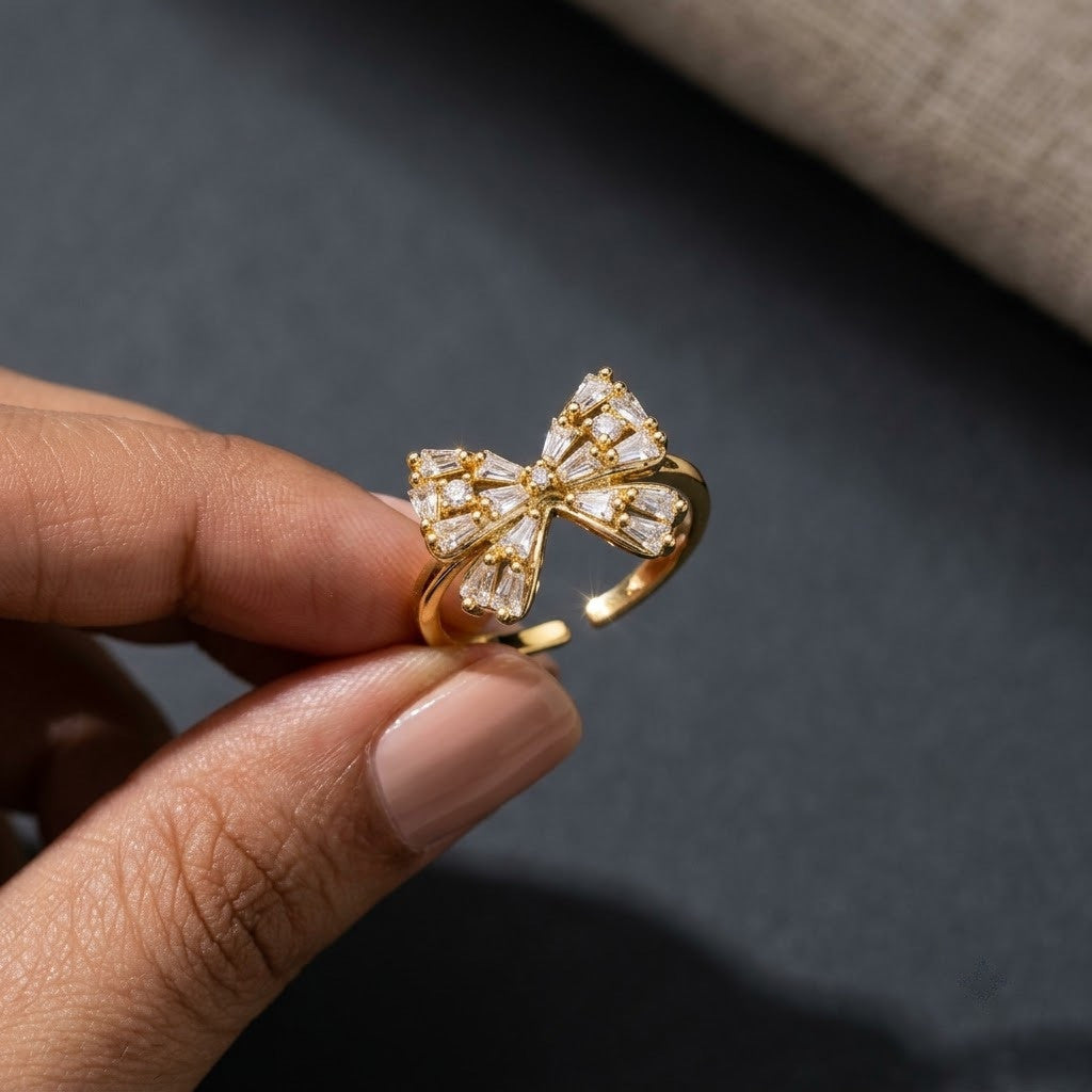 Statement Pavé Crystal Grand Ribbon Bow Adjustable Ring - View 2