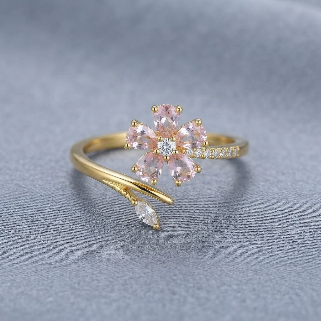 Sakura Cherry Blossom Pink Enamel Branch Adjustable Ring - View 8