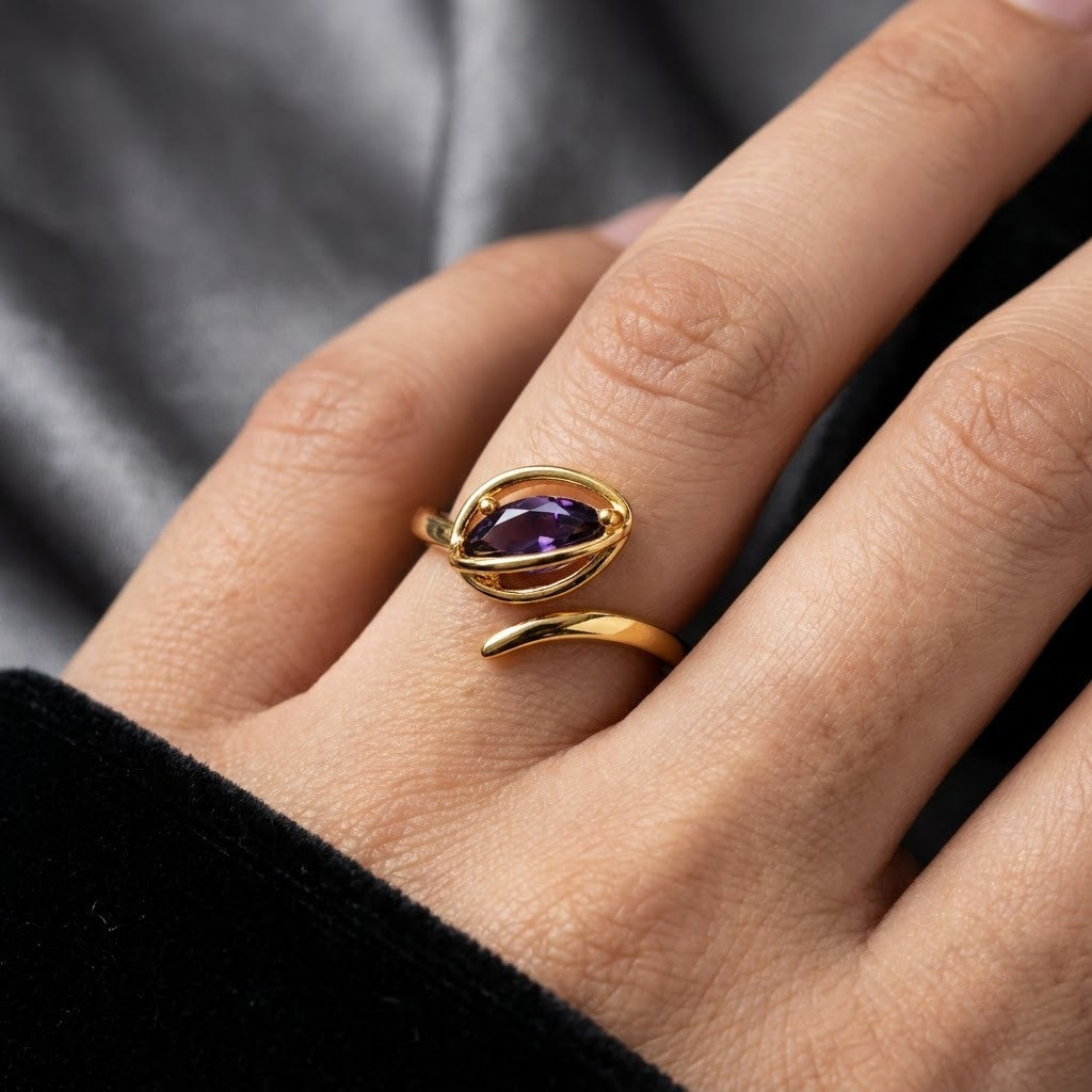 Deep Purple Amethyst Oval Bezel Bypass Adjustable Ring - View 2
