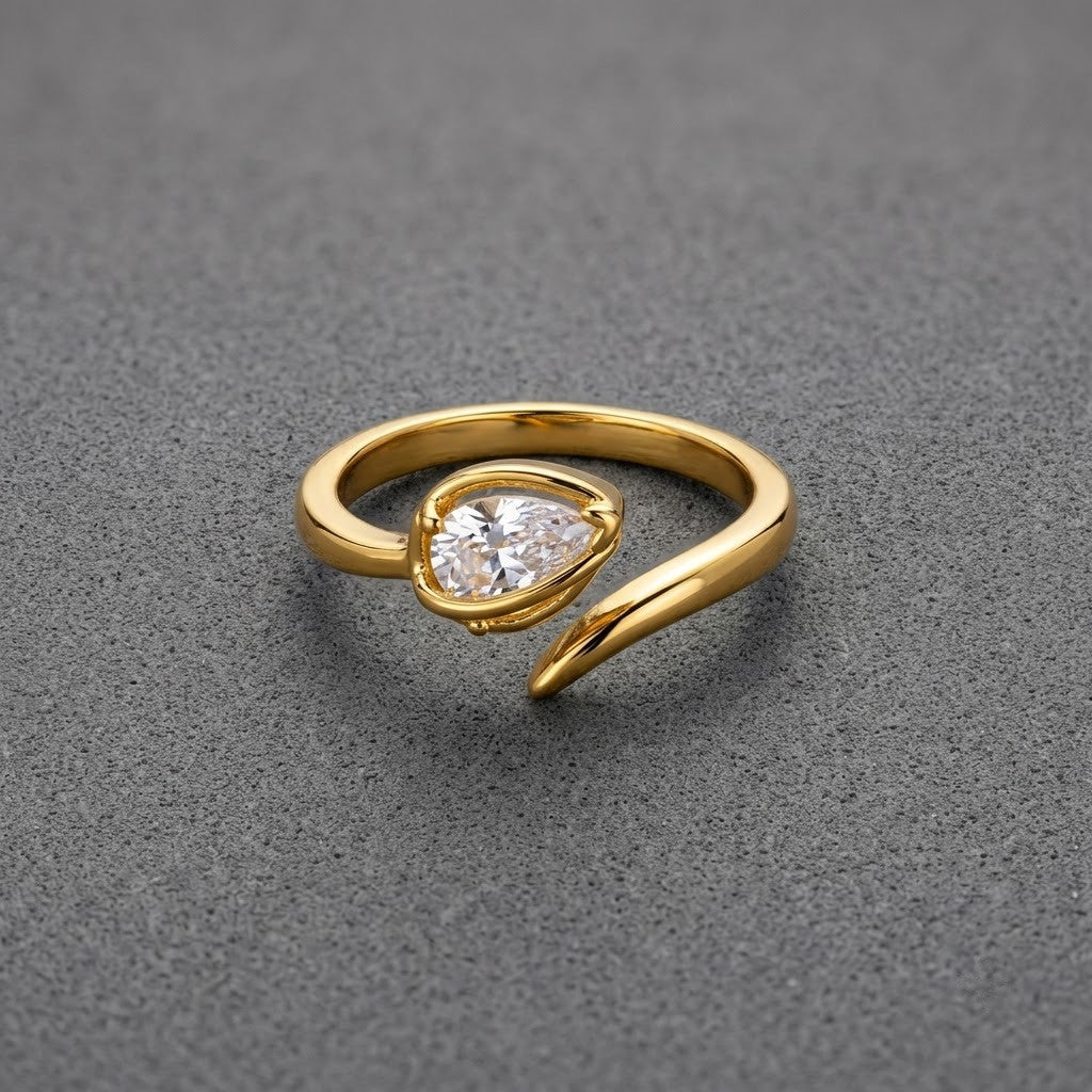 Twisted Shank Pear Solitaire Crystal Bypass Adjustable Ring - View 6