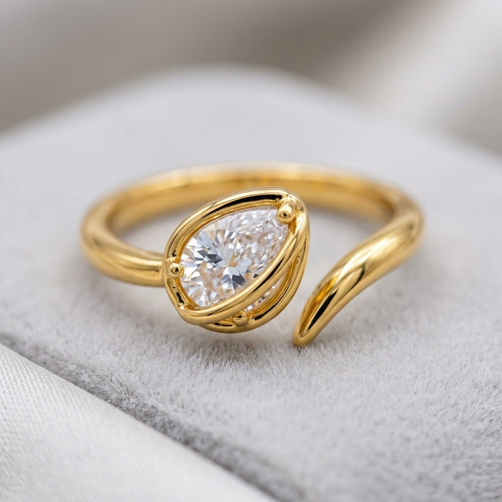Twisted Shank Pear Solitaire Crystal Bypass Adjustable Ring - View 3