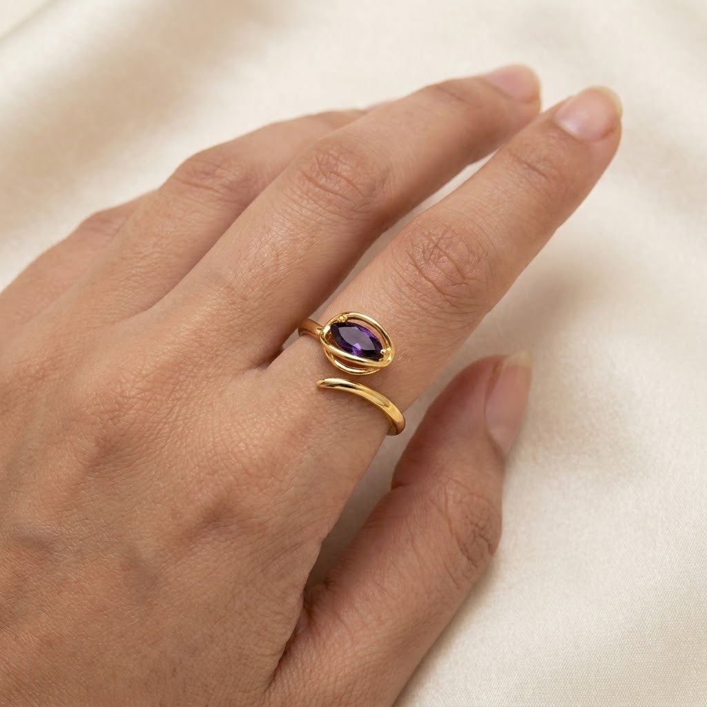 Deep Purple Amethyst Oval Bezel Bypass Adjustable Ring - View 3