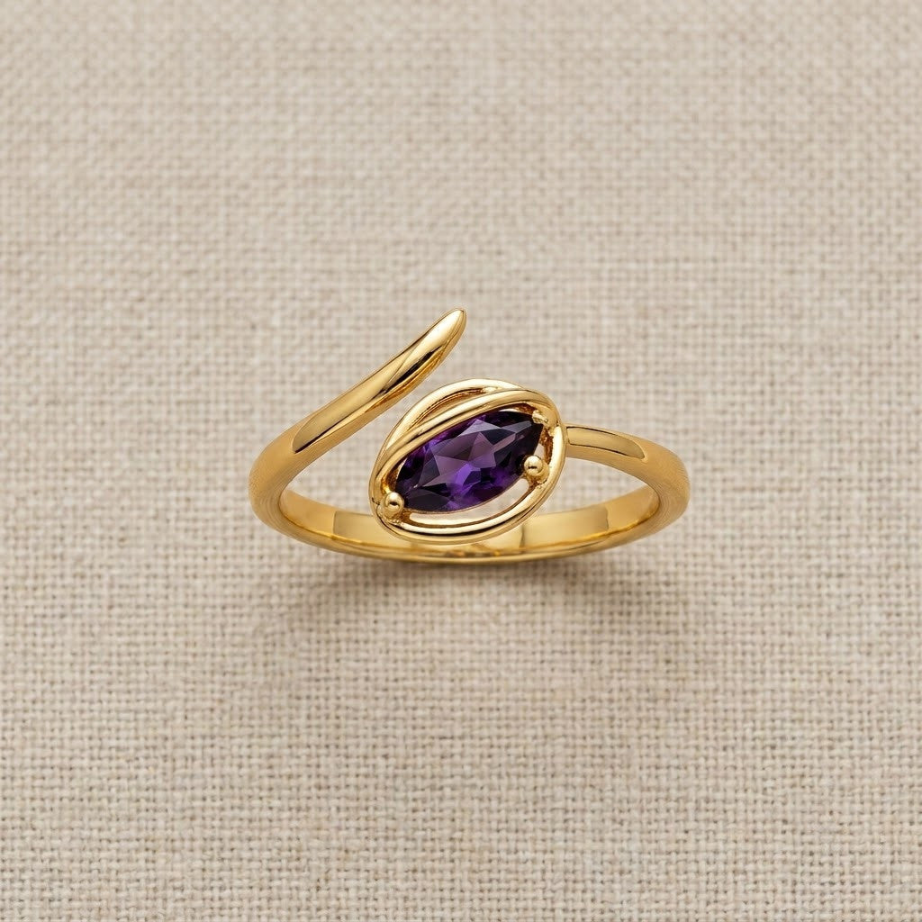 Deep Purple Amethyst Oval Bezel Bypass Adjustable Ring - View 6