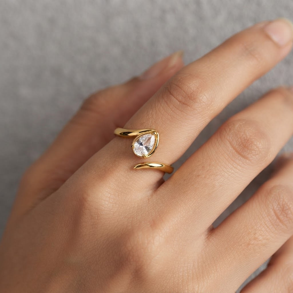 Twisted Shank Pear Solitaire Crystal Bypass Adjustable Ring - View 4