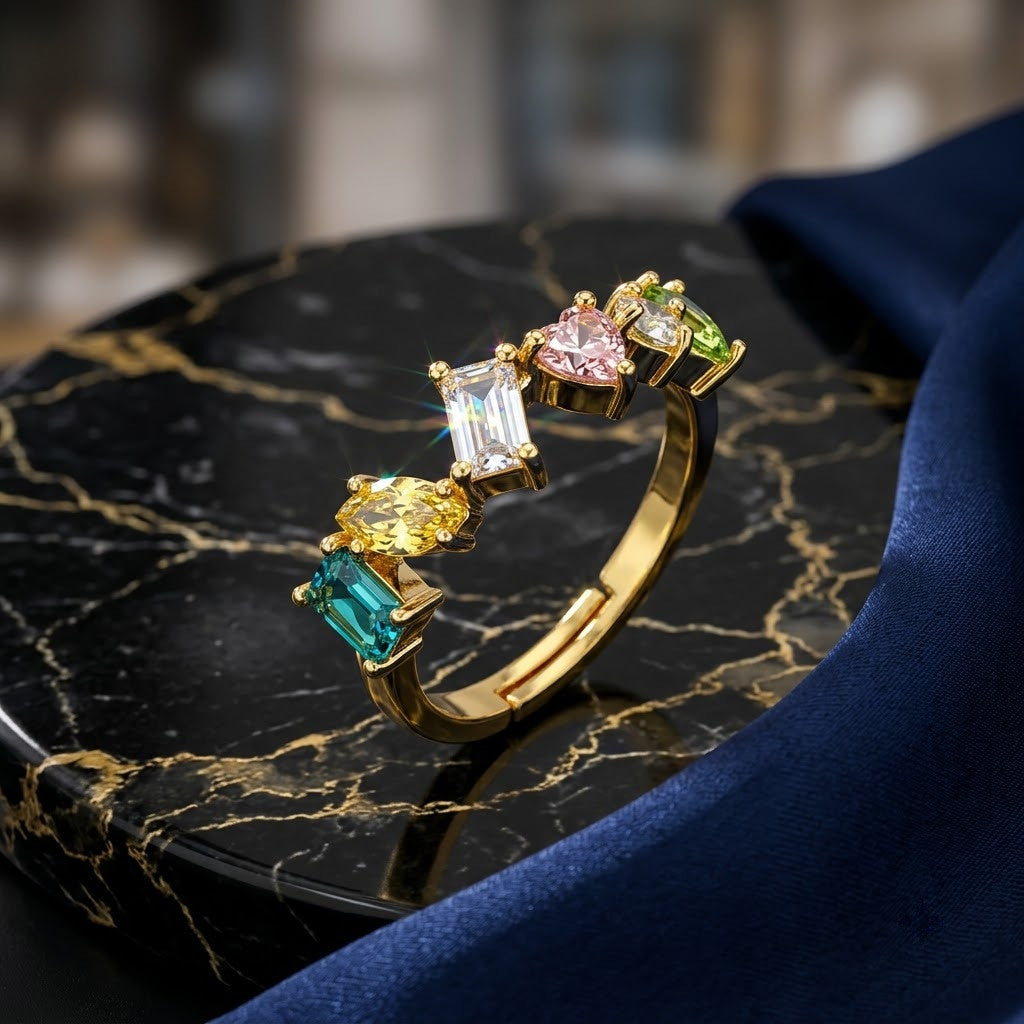 Geometric Baguette Emerald & Peach Crystal Adjustable Ring - View 1
