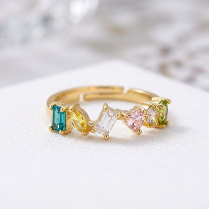 Geometric Baguette Emerald & Peach Crystal Adjustable Ring - View 4