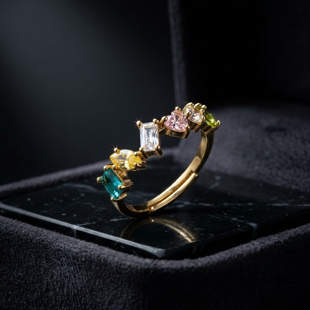 Geometric Baguette Emerald & Peach Crystal Adjustable Ring - View 6