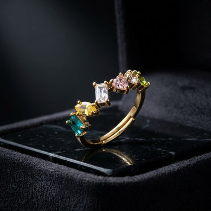 Geometric Baguette Emerald & Peach Crystal Adjustable Ring - View 6