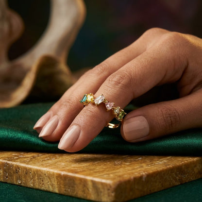 Geometric Baguette Emerald & Peach Crystal Adjustable Ring - View 2