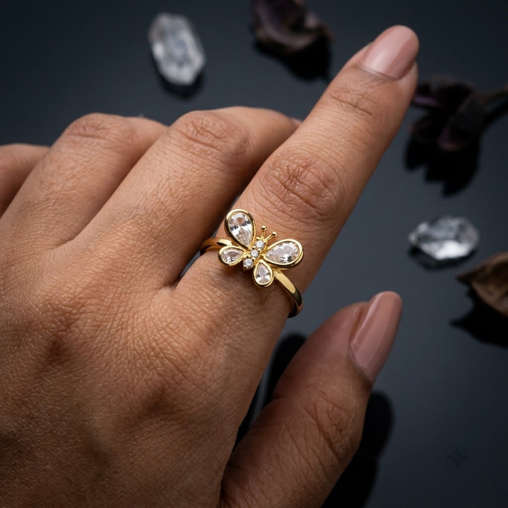 Sparkling Pavé Crystal Butterfly Open Cuff Adjustable Ring - View 2