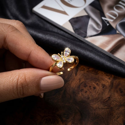 Iridescent Prism Pink Butterfly Adjustable Ring - View 2
