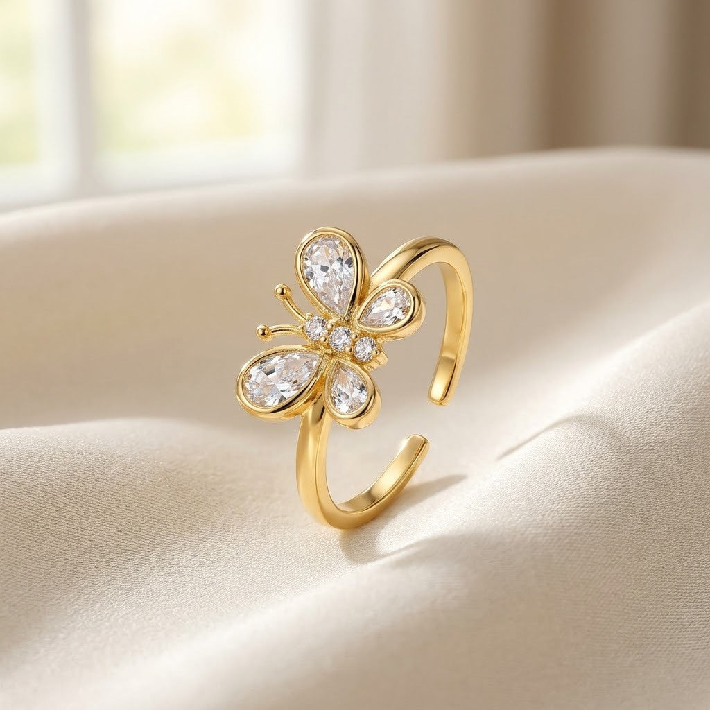 Sparkling Pavé Crystal Butterfly Open Cuff Adjustable Ring - View 3